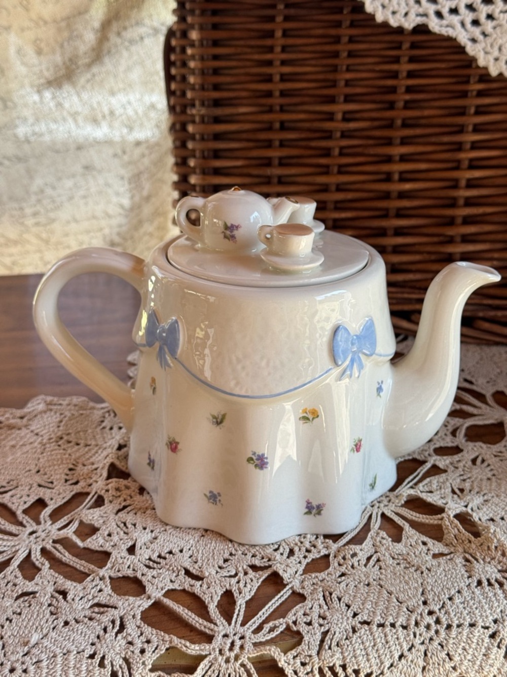White Porcelain Hand Painted English Teapot with Blue Bows and Flowers